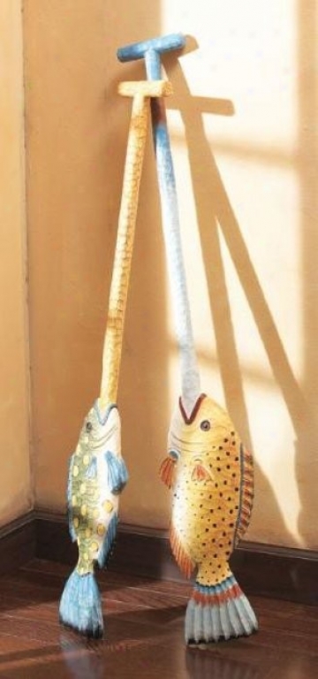 Set Of 2 Carved Fish Oars In Handpainted Multicolor Finish