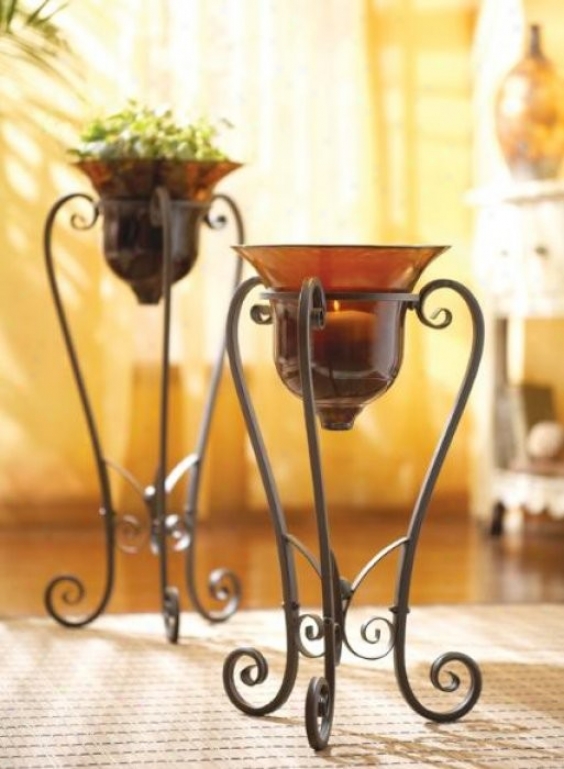 Set Of 2 Casa Cristina Glass Vases With Tripod Metal Stands