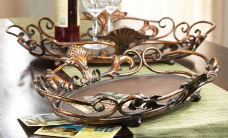 Set Of 2 Casa Cristina Serving Trays In Antique Copper Finish