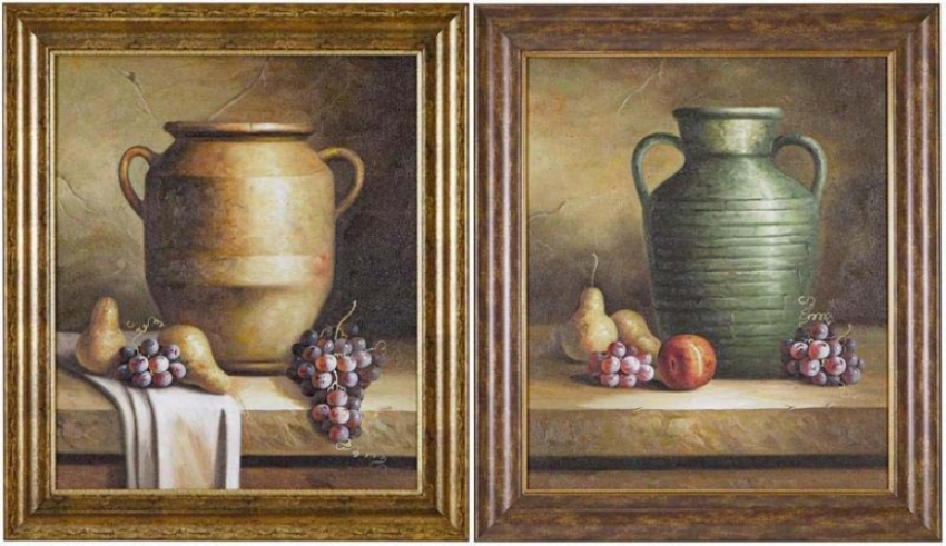 Set Of 2 Hand Painted Oil Paintings In Gold & Green Pots Pattern