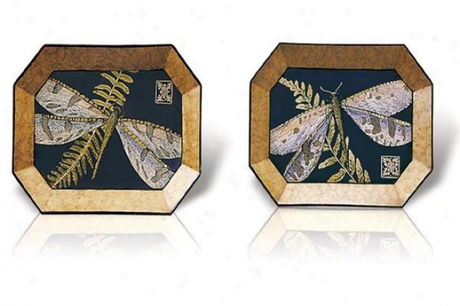 Set Of 2 Octagon Hand Painted Porcelain Plates - Dragonfly
