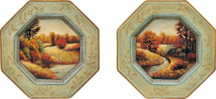 Set Of 2 Octagon Porcelain Plates - Green River Sunrise