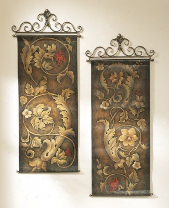 Set Of 2 Wall Hanging Dcors With Floral And Scroll Designn