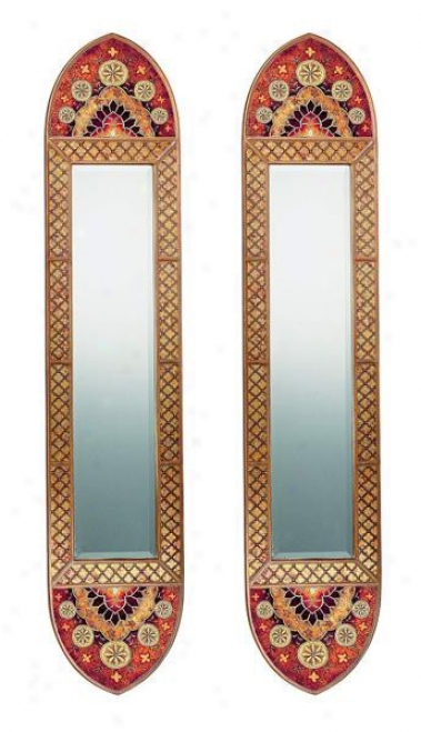 Set Of 2 Wooden Mirrors In Golden - Rhombus Pattern