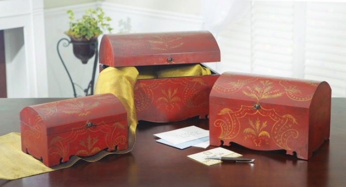 Set Of 3 Boxes With Versaille Scroll Design In Antique Red Finish
