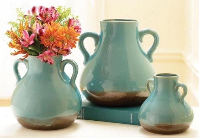 Set Of 3 Casa Cristina Vases With Doubled Hadnles In Blue Finish