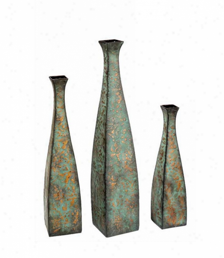 Set Of 3 Decorative Vases Square Tapered Design In Copper