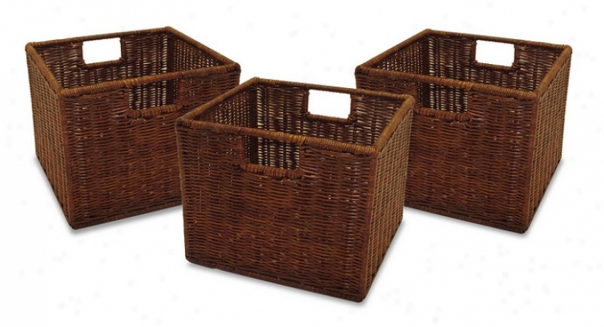 Set Of 3 Espresso Finish Storage Wicker Rattan Baskets