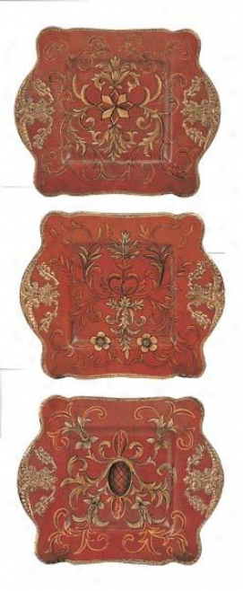 Set Of 3 Porcelain Plates In Red - Damask Pattern