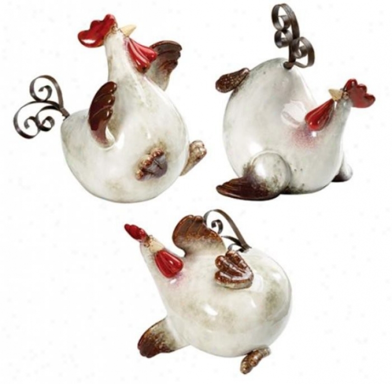 Set Of 3 Rooster Figurines In Verdant And Brown Finish