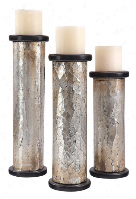 Set Of 3 Round Candleholders In Silvrr And Black Finish