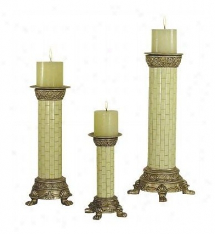 Set Of 3 Round Candleholders With Ivory Tiles Base