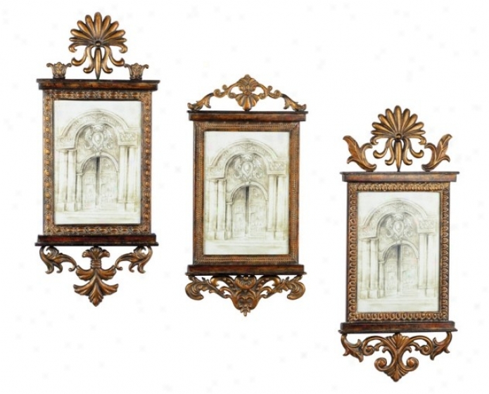 Set Of 3 Wall Frames With Pediment In Antique Gold Finish