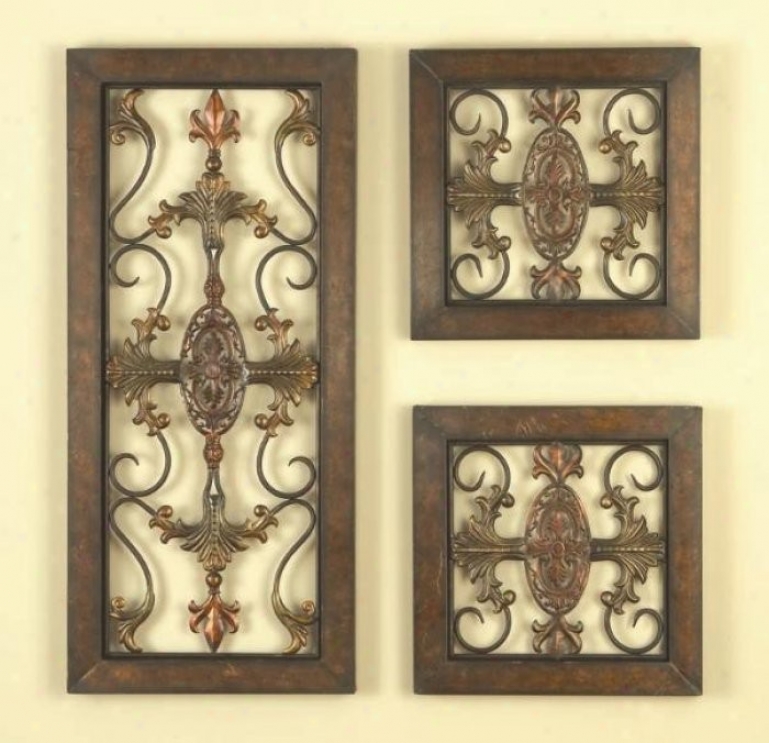 Set Of 3 Wall Grills With Medallion Centers In Amtique Gold Finish