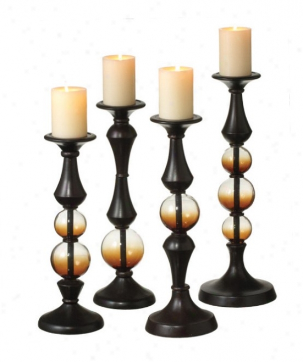 Set Of 4 Candle Holders Upon Amber Ball Accents In Black