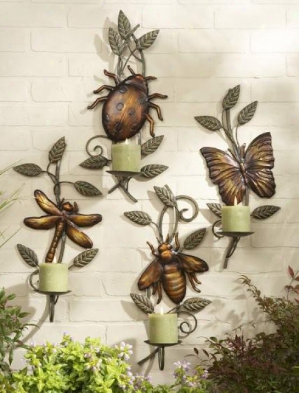 Set Of 4 Candleholders - Garden Bug Style In Bronze Finish