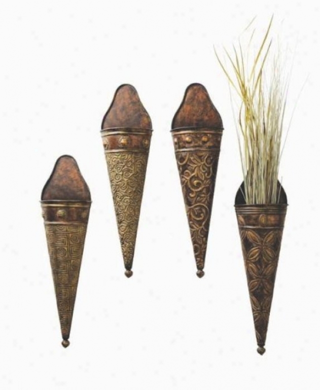 Set Of 4 Cone-shaped Wall Pockets In Antique Gold Finish