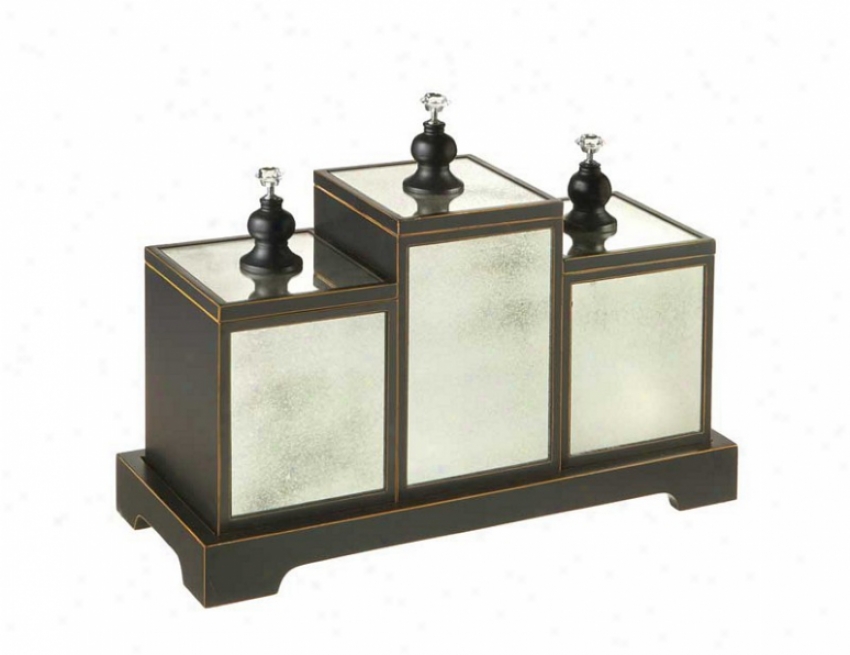 Set Of 4 Decorative Boxes Tray Set Mirrored Design In Matte Black