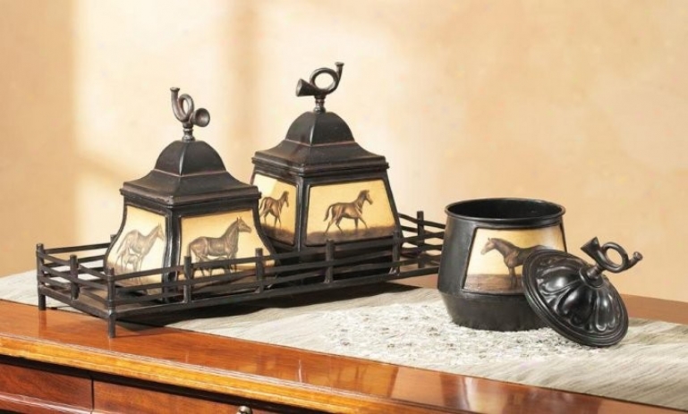 Set Of 4 Decorative Boxes With Horse Draw In Espresso Finish