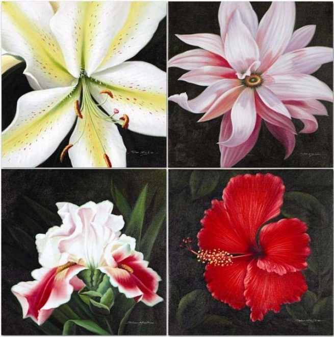 Set Of 4 Hand Painted Oil Paintings In Flower Design