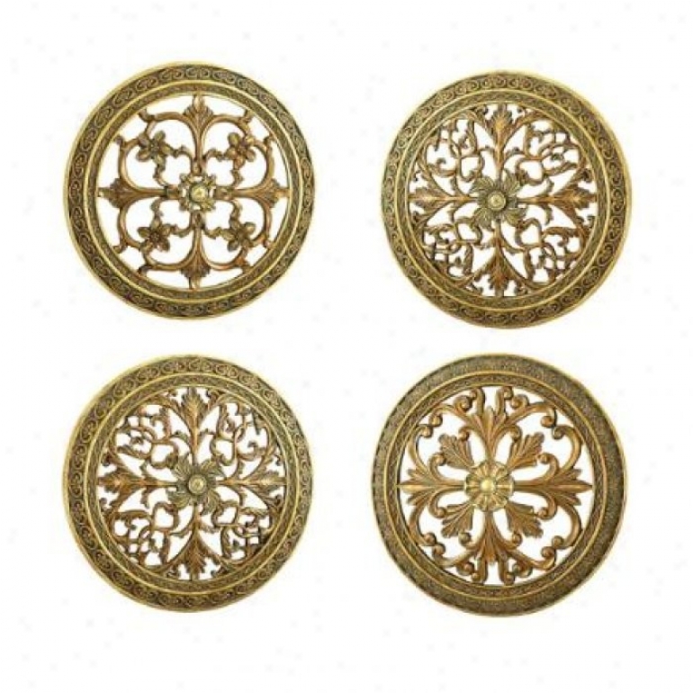 Set Of 4 Round Plaques With Embossed Design In Antique Finish