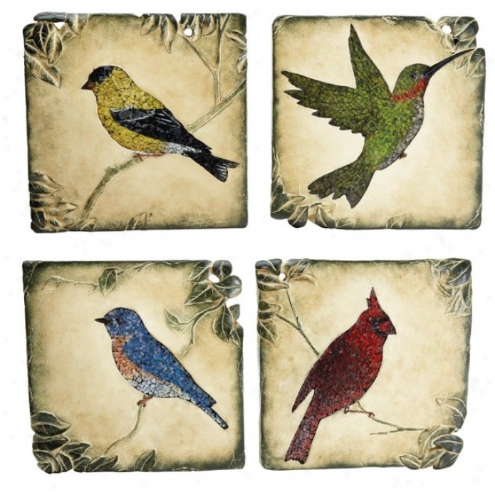 Set Of 4 Wall Dcors With Glass Mosaic Bird Designs