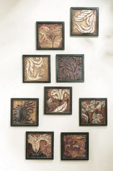 Set Of 9 Wall Panels With Flowing Leaf Design In Multicolor Finish