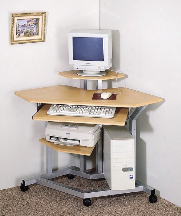 Silver Finish Frame & Wood Top Corner Computer Desk/workstation