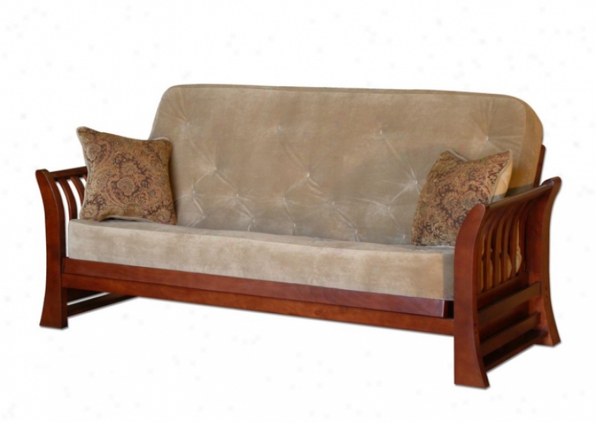 Solid Futon Bed Frame With Fanned Arm Design And Mattress In Cohiba Fibish