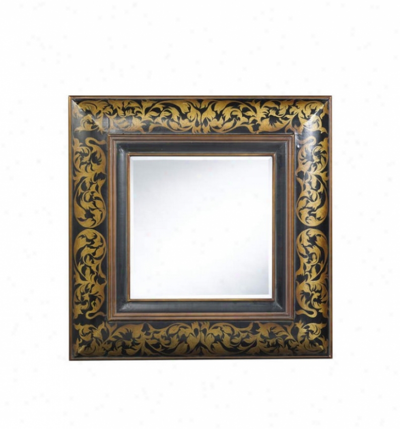 Square Wall Mirror In Distressed Black Finish With Hand Painted Honey Details