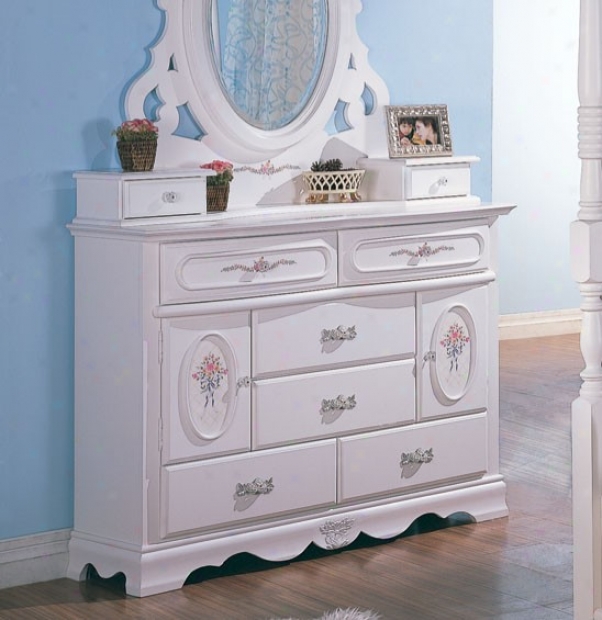 Storage Dresser With Floral Painted In Antique White Finish