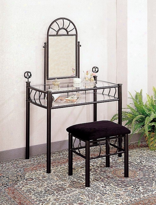 Sunburst Design Black Finish Metal Vanity Table Mirror & Stool/bench Set