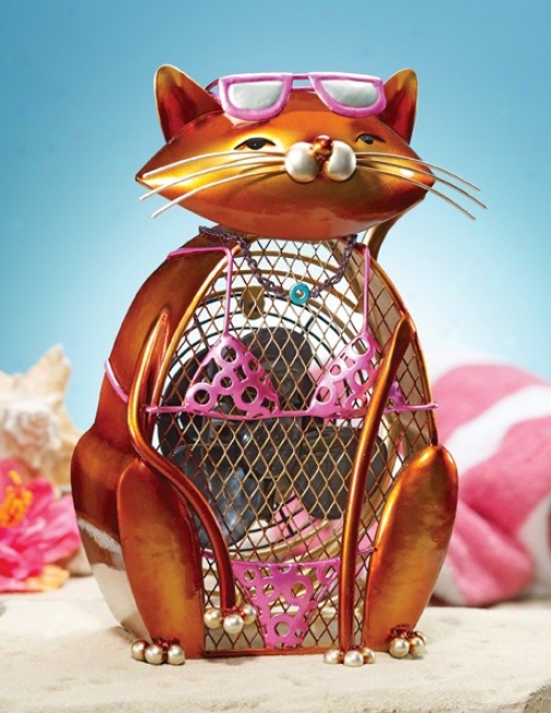 Table Fan Bikini Cat Figurine Design In Gold And Pink Finish
