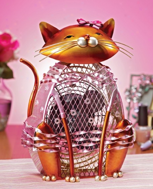 Table Fan Dressed Cat Figurine Design In Gold And Pink Fniish