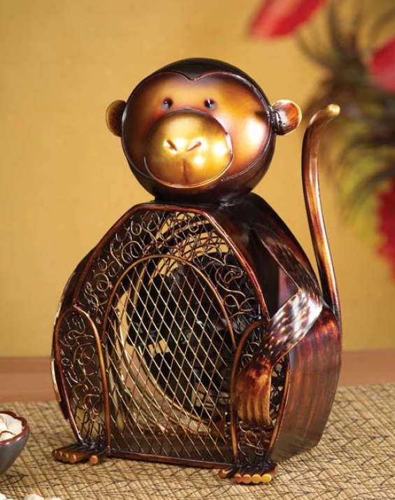 Table Fan Monkey Figurine Design In Brown And Gold Finish