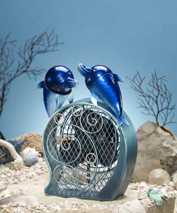 Table Fan With Dolphins Figurine Design In Blue Finish