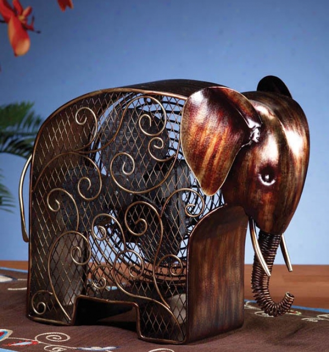 Table Fan With Elephant Design In Rustic Brown Finish