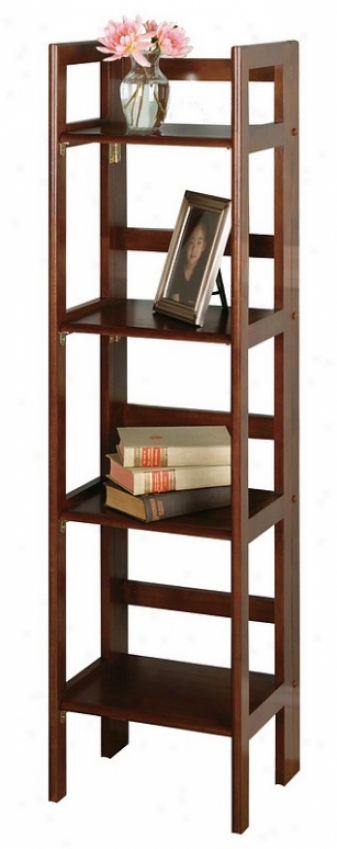 High Narrow Walnut Finish 4-tier Foldable Shelf / Bookcase