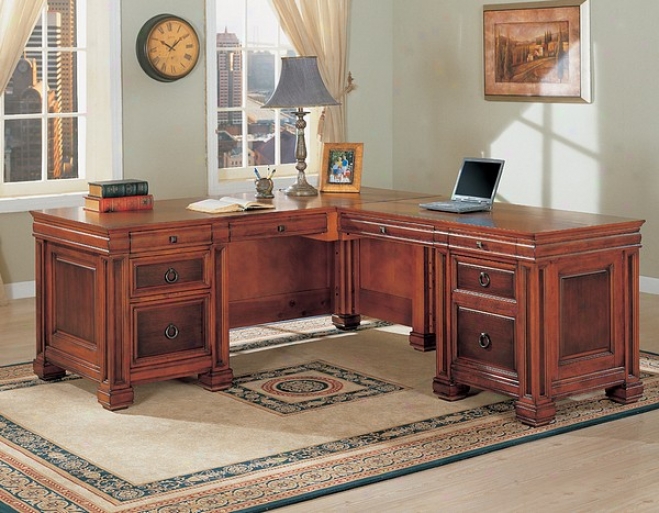 Traditional Cherry Brown Finish L Shaped Computer Desk W/storage