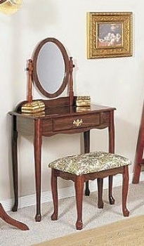 """traditional Cherry Finish Wood Emptiness Table, Mirror & Stool/bench Set"""