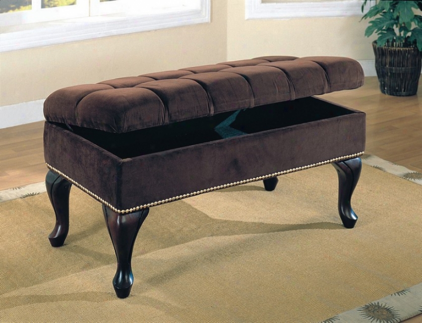 Traditional Nailhead Trim Dark Brown Fabric Storage Beench