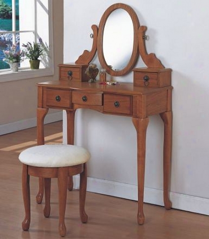 Traditional Style Oak Finish Vanity Set W/stool