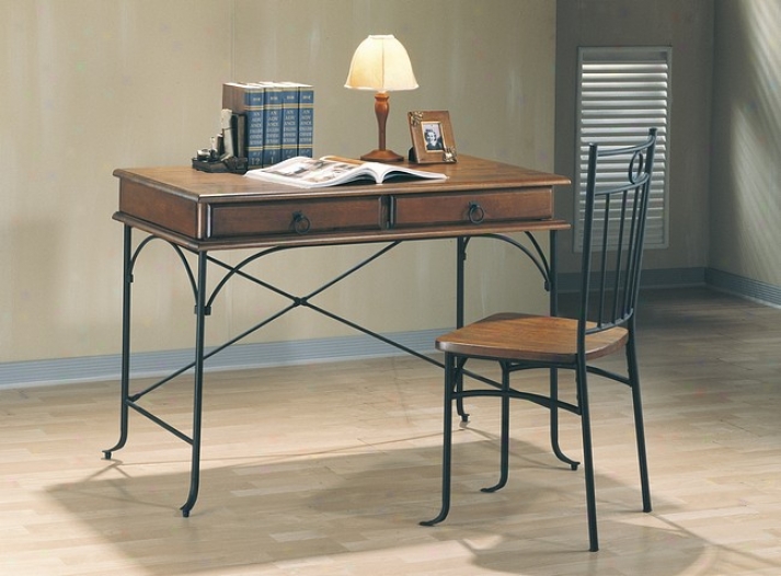 Traditional Style Languish Wood And Mteal Desk Chair Set