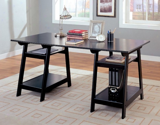 Trestle Style Black Finish Wood Office Desk Table