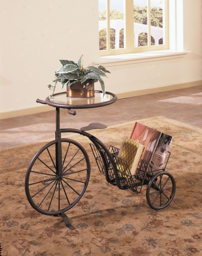Tricycle Stress  Table Magazine Rack With Glass Inset In Antique Rust Finish