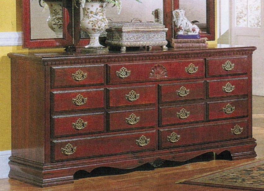 Triple Dresser With Wooden Skirt Cherry Finish