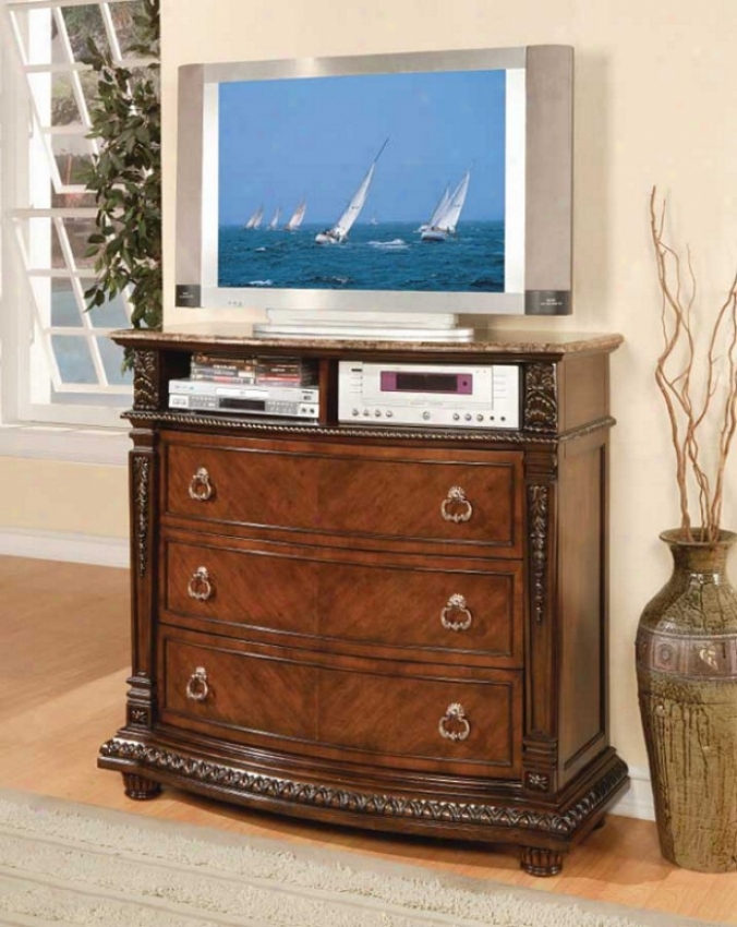 Tv Media Chest With Marble Top In Rich Brown Finish