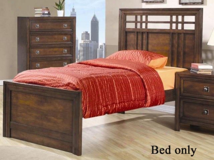 Twin Size Bed With Variegate Design In Walnut Finish