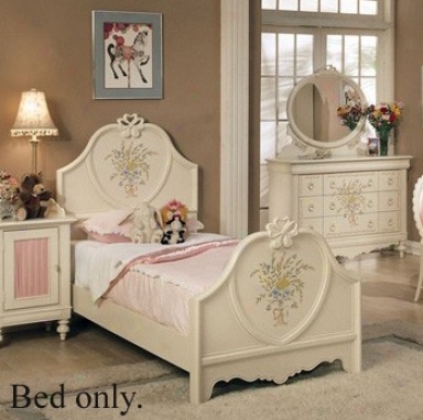 Twin Size Bed With Floral Design White Finish