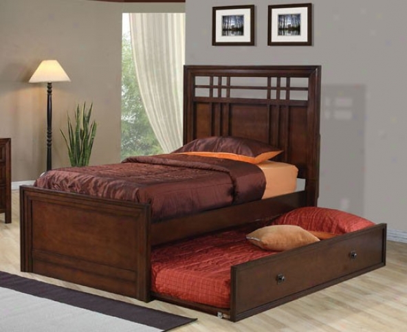 Twin Size Bed With Trundle Checker Design In Walnut Finish